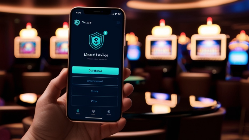 Smartphone mit Download-Seite vor dunkler Casino-Kulisse