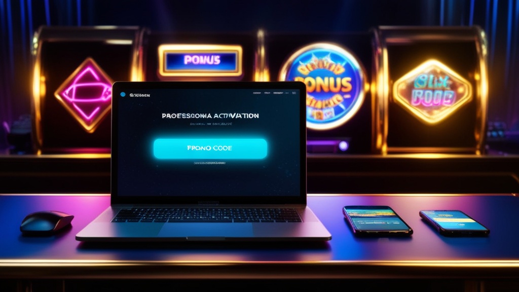 Bonuscode-Feld auf Laptop und Smartphone in dunkler Casino-Atmosphäre