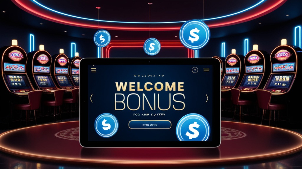 Willkommensbildschirm mit Gratisguthaben in dunkler Casino-Lobby